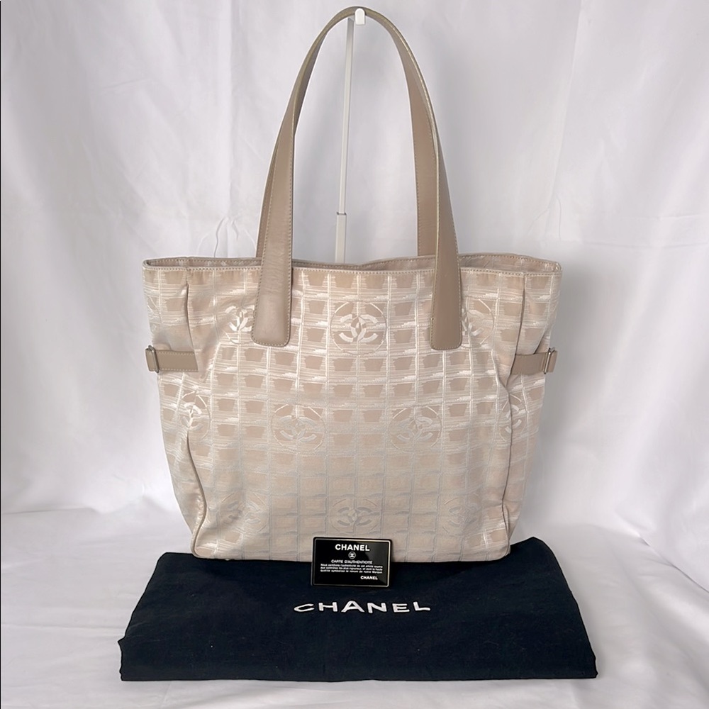 Auth Chanel Travel Line Tote Bag Beige with Dust Bag